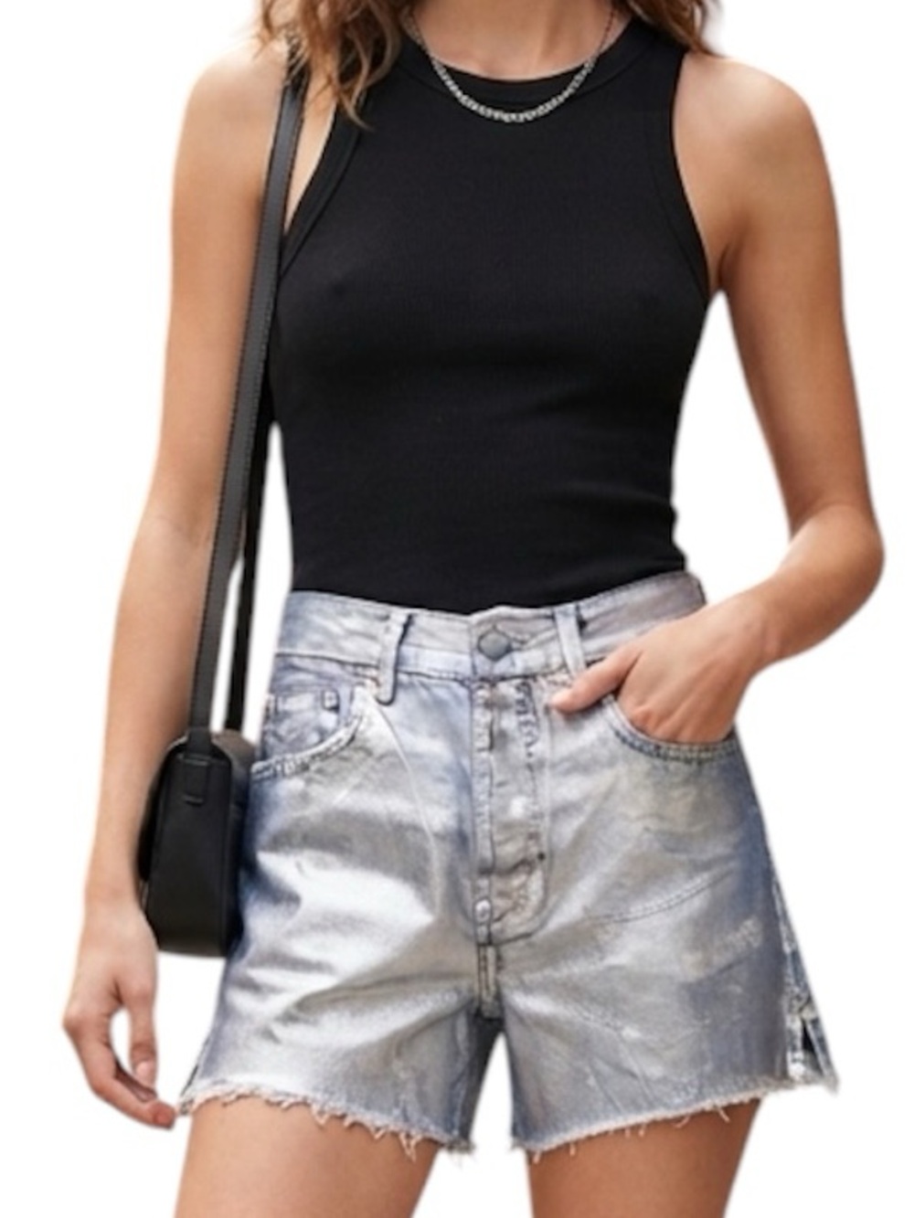 ZARA Metallic Silver Coated Denim Shorts Raw Frayed Hem EUR 38 US 6